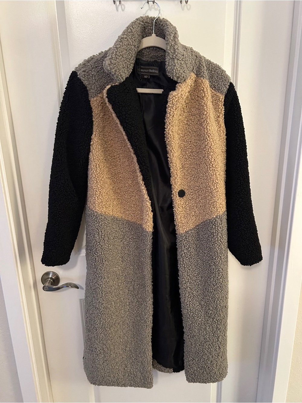 Forever Audrey Colorblock Teddy Coat in Black, Gray & Tan